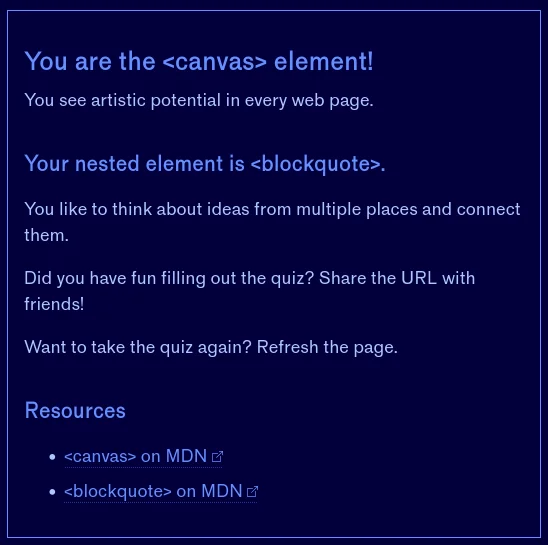 Screenshot of HTML quiz result: canvas element